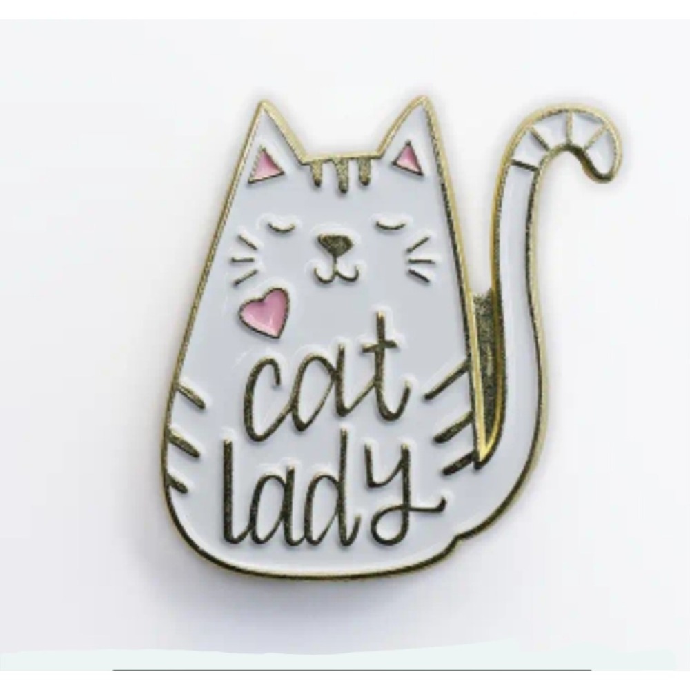Cat Lady Enamel Pin White Gold Pink Heart Cute Kitty Lapel Pin